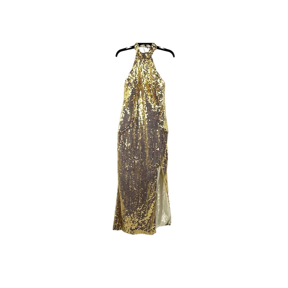 Vintage 80s 90s Gold Sequin Nadine Halter Dress Size 15/16 Side Slit